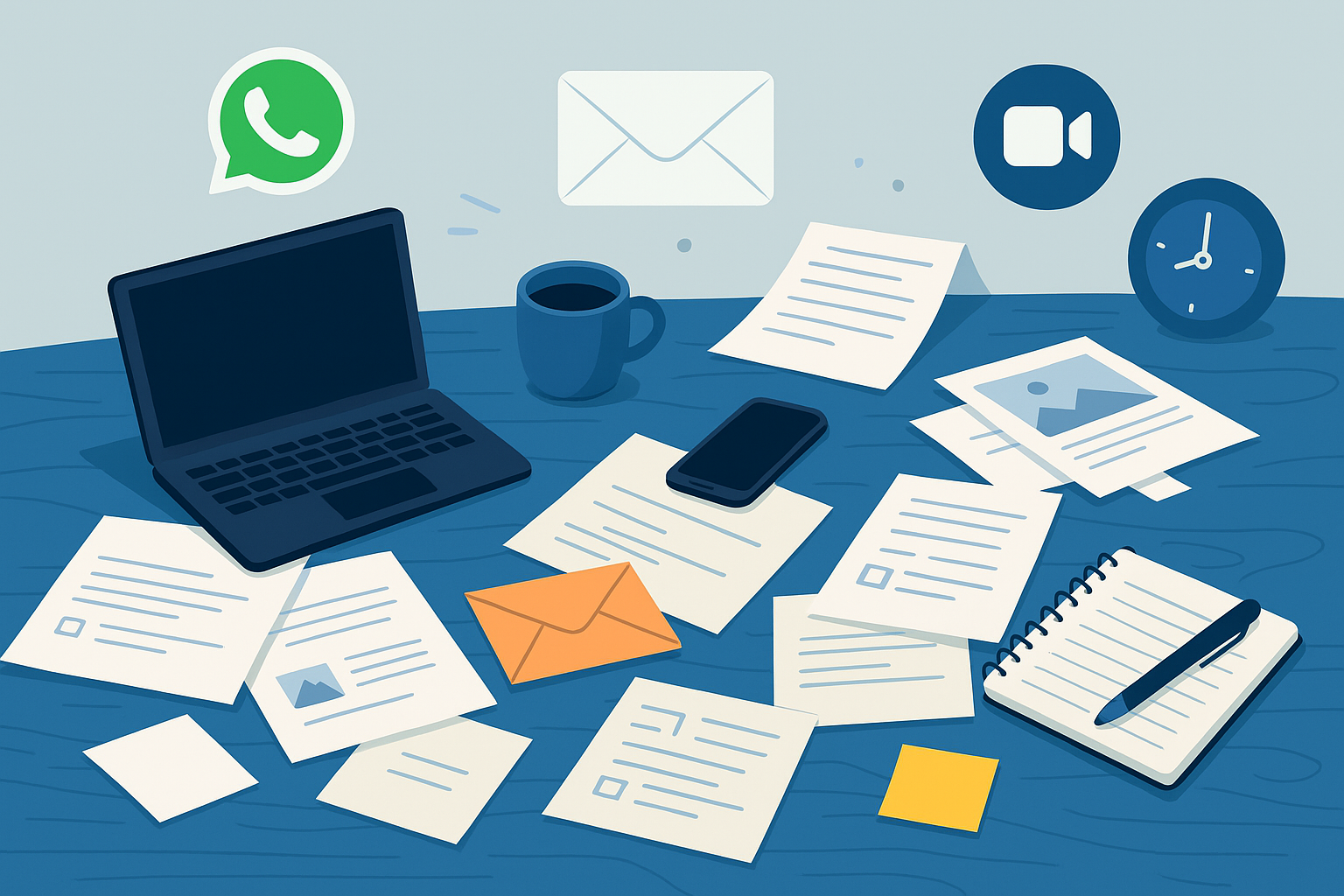 Mesa bagunçada com ícones de WhatsApp, e-mail e reunião, representando o caos nas aprovações