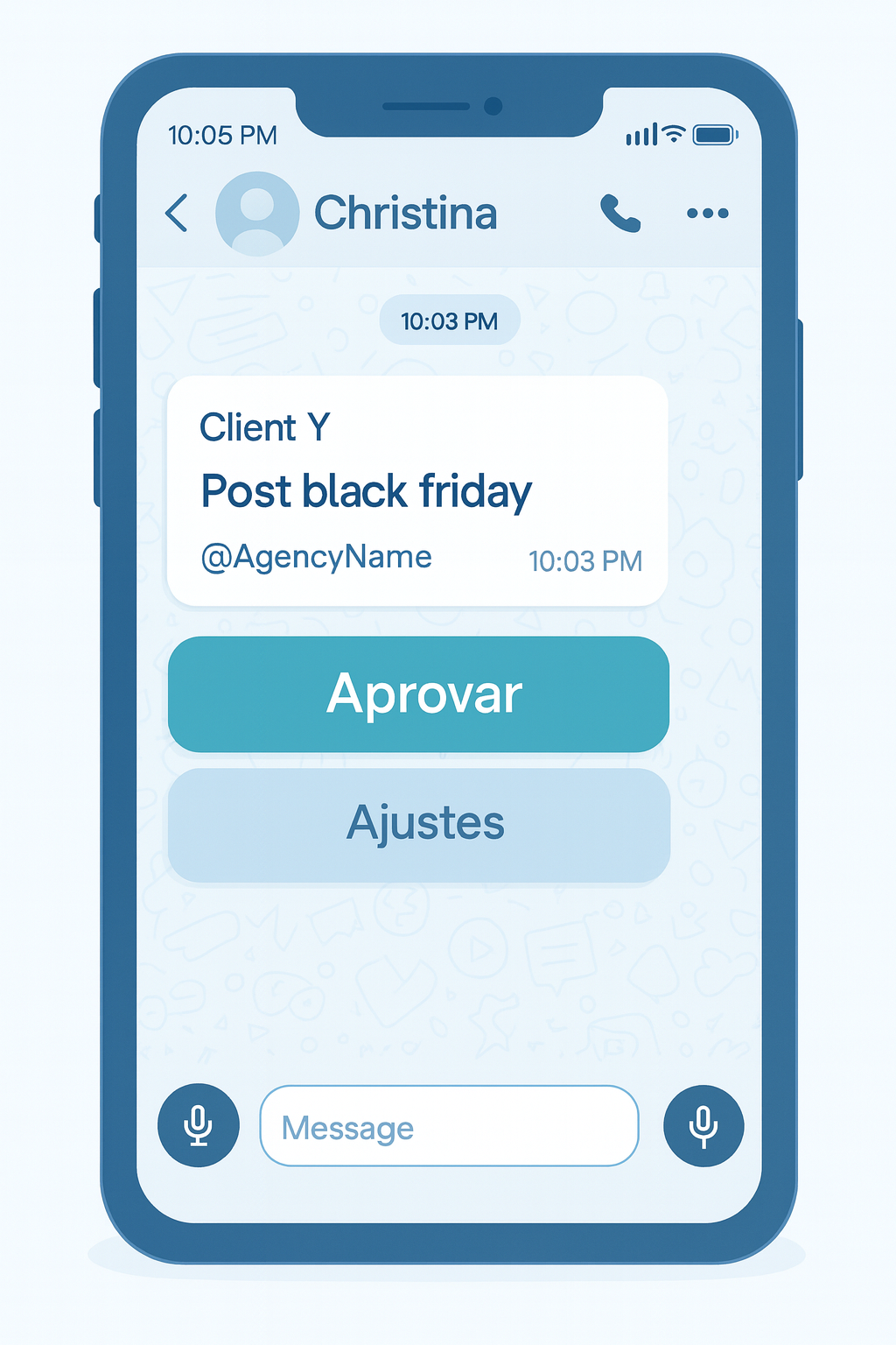 Smartphone mostrando uma mensagem de WhatsApp com botões de Aprovar e Ajustes